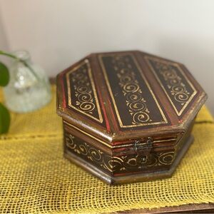 Vintage Octagonal Wooden TEA Box with Red and Gold Accents